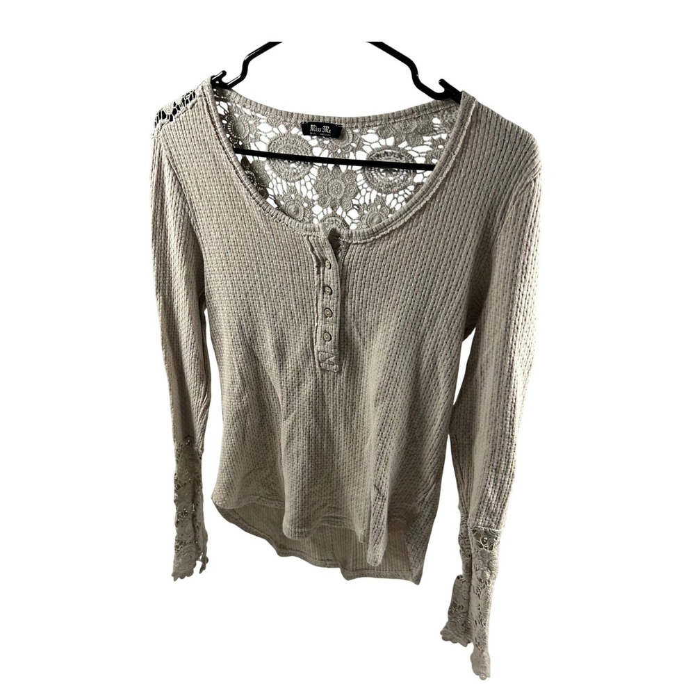 Miss Me Henley Lace Back Long Sleeve Top Womens Medium Tan Waffle Knit Crochet